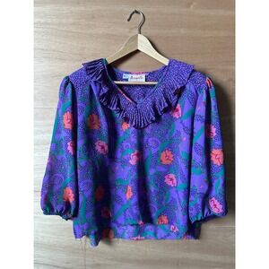 VTG Assorti for Susan Freis Vintage Purple Floral Ruffle Neck Blouse Women's M